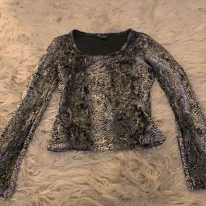 Velvet style black silver and white snake print top